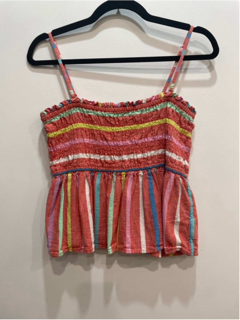 American Eagle Linen Blend Rainbow Striped Smocked Crop Top M Festival Boho